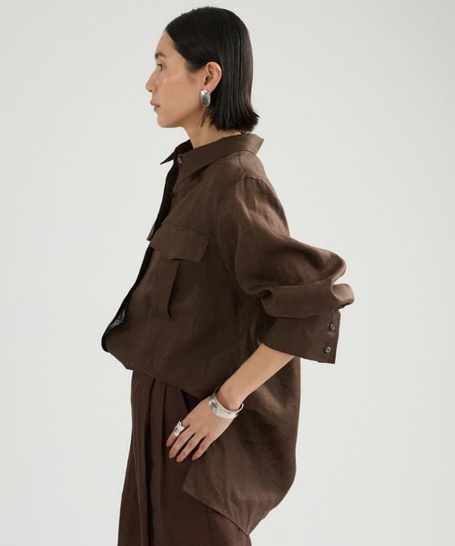 金子綾×FRAMeWORK マオカラー ロングシャツ リネン フレームワーク金子綾コラボ、マオカラー2wayピンタックブラウスシャツ
