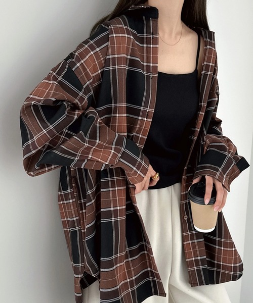 ブラウス シャツ Plaid Shirt Jacket / チェック柄シャツジャケット ミニバッグ付き レディース メンズ andme ブラウス シャツ チェック柄衿付きシャツ レディース
