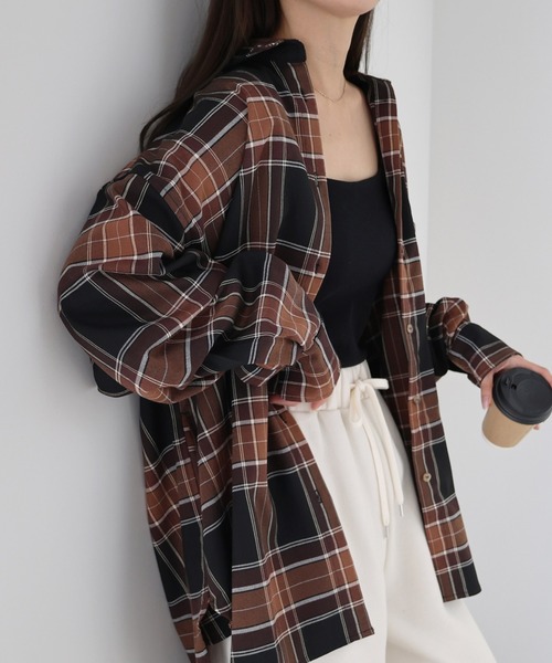 ブラウス シャツ Plaid Shirt Jacket / チェック柄シャツジャケット ミニバッグ付き レディース メンズ シャツジャケット レディース ジャケット 体型カバー チェック柄