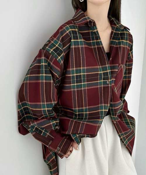 ブラウス シャツ Plaid Shirt Jacket / チェック柄シャツジャケット ミニバッグ付き レディース メンズ andme ブラウス シャツ チェック柄衿付きシャツ レディース