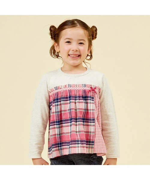 KP tシャツ チェック切り替えリボン付き長袖Tシャツ(80〜150) キッズ