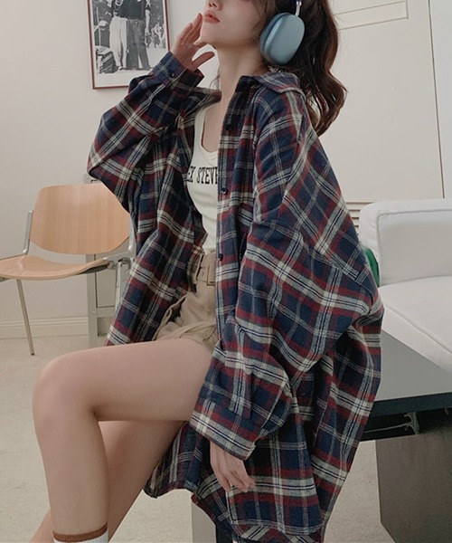 Girly Doll ブラウス シャツ オーバーサイズチェック柄シャツ