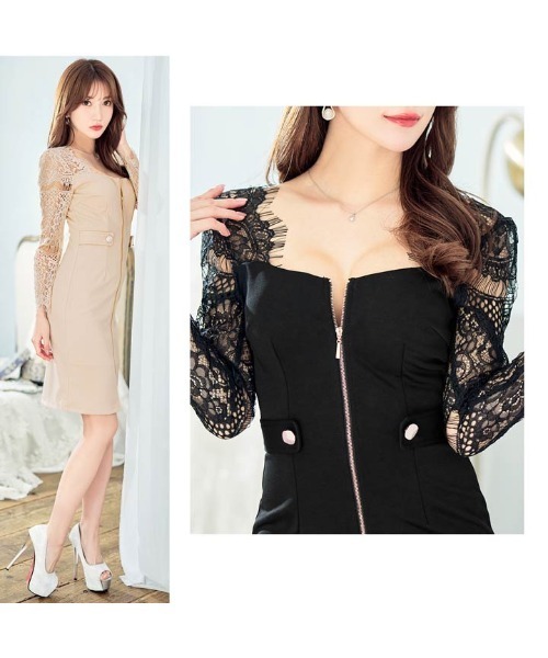 KAREN MILLEN ミニドレス フリンジ スリット 長袖 タイト DAZZY ドレス フロントジップ スリット レース長袖 タイトミニ