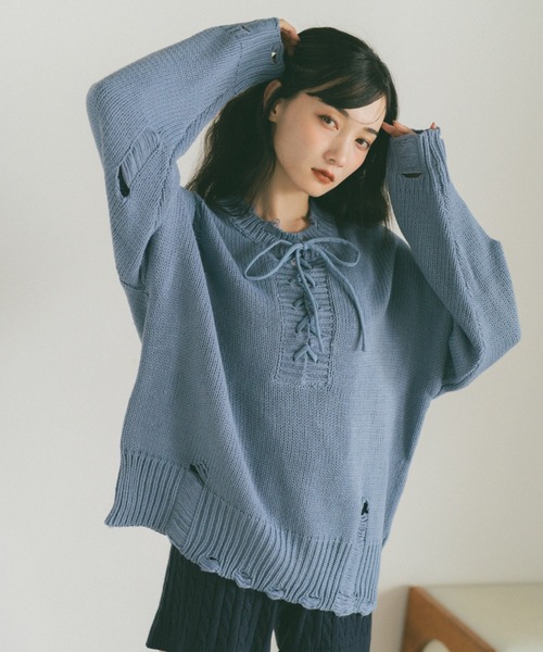 VANNIE U（ヴァニーユー） ニット セーター レースアップダメージ