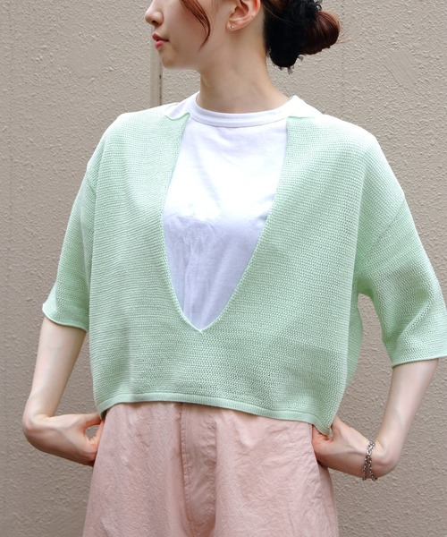 ニット セーター MEYAME/メヤメ　ロングスリットハーフスリーブニット　LONG SLIT HALF-SLEEVE KNIT レディース
