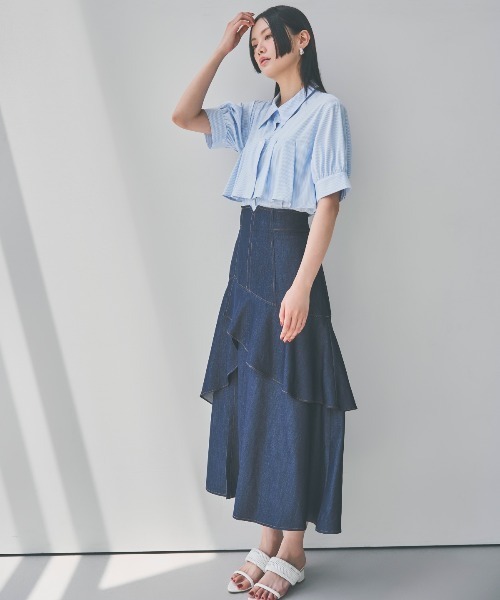 すぐ届く 大人可愛い LouisVuitton デニムフリルスカート Indigo AND COUTURE スカート デニムライクレイヤードフリルスカート