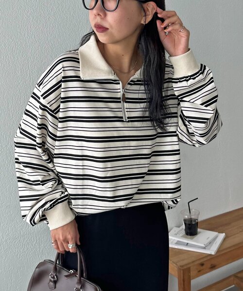 tシャツ 「AW先行予約/ユニセックス」ランダムボーダーハーフジップシャツ レディース メンズ