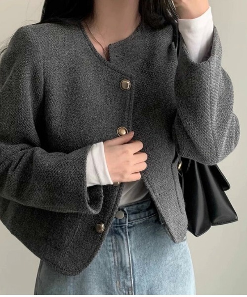 コート アウター ツイード調ノーカラーショートジャケット レディース