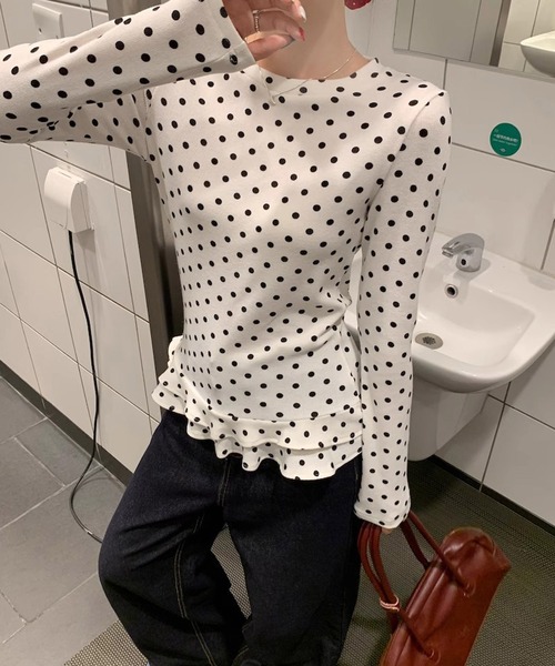 ラスト1点‼️【人気 完売品】夏の大人可愛いポルカドット◆袖コンシャス◆シャツ tシャツ Nia(ニア)/フリルレイヤード ポルカドットロンT レディース