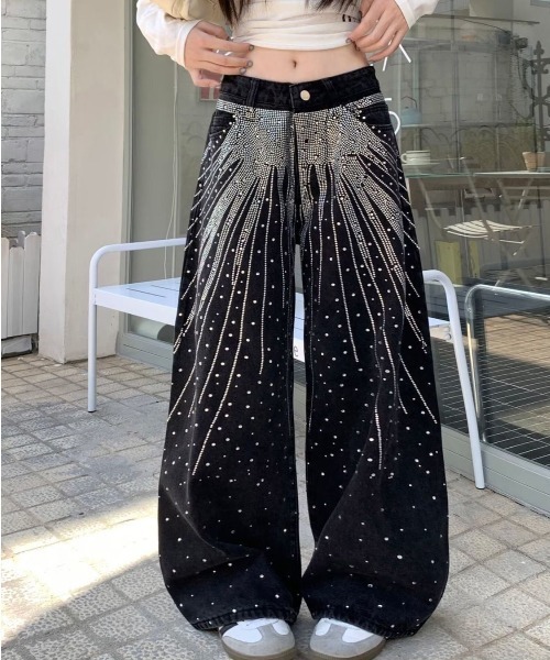 ViViDAY ワイドパンツ ジーンズ デニム デニムパンツ キラキラストーン