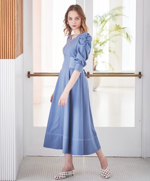 アンジュールワンピース ブルー dazzlin ウエストタックオフショルシャツワンピース（ブルー