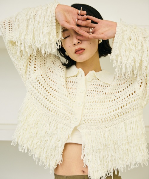 cY05 LEINWANDE 透かし編み ニット セーター ベルスリーブ かぎ編み フリンジ レイヤード  ベージュ ゴールド 金 ラインヴァンド cY05 LEINWANDE 透かし編み ニット セーター ベルスリーブ かぎ編み