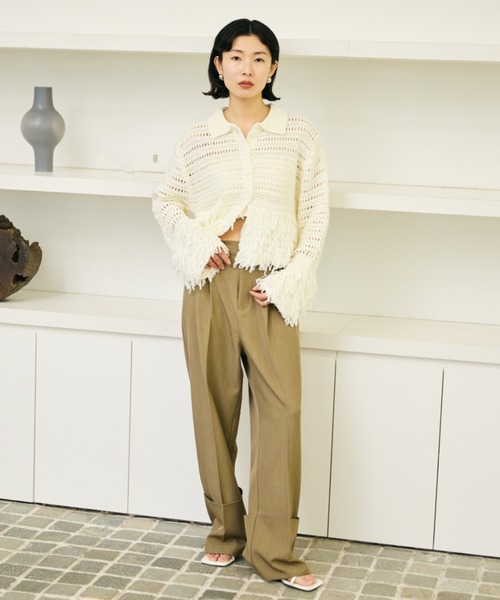 AIC. ニット セーター 透かし編みフリンジポロニットトップス
