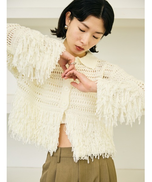 AIC. ニット セーター 透かし編みフリンジポロニットトップス