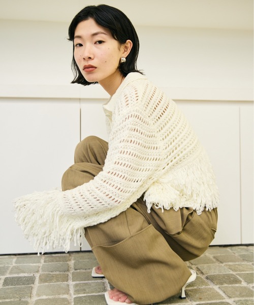 AIC. ニット セーター 透かし編みフリンジポロニットトップス