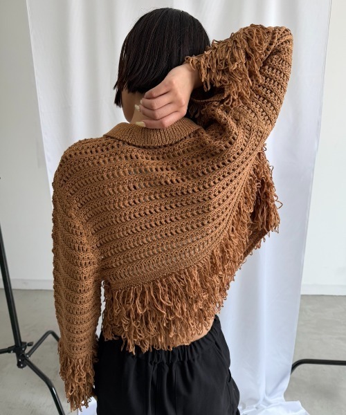 AIC. ニット セーター 透かし編みフリンジポロニットトップス