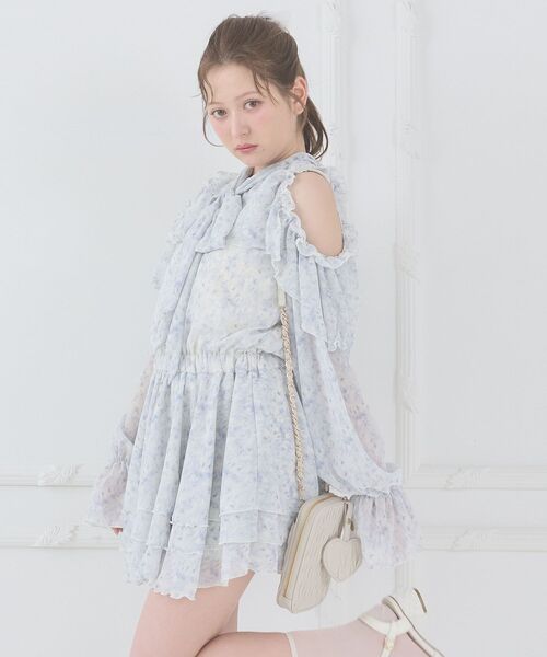 リボン付きグレー水色ミニワンピース MAJESTIC LEGON（マジェスティックレゴン） ワンピース アメスリフリル