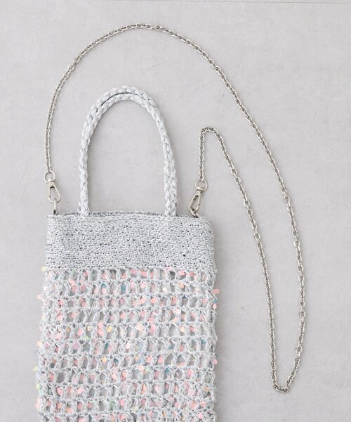 ショルダーバッグ バッグ :「2WAYで使用可能！」チェーン付き手編みスパンコールBAG レディースの画像