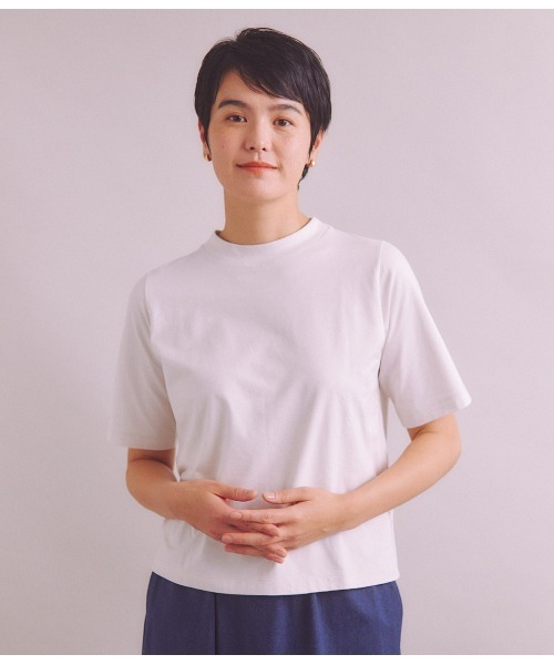 tシャツ 「Elama」Organic Cotton Cross Jersey 5分袖モックネックプルオーバー レディース