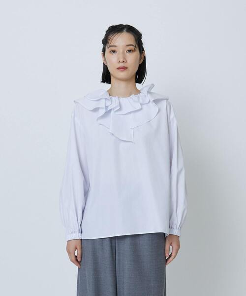 LOISIR ブラウス シャツ コットンピンストライプフリルカラーブラウス  