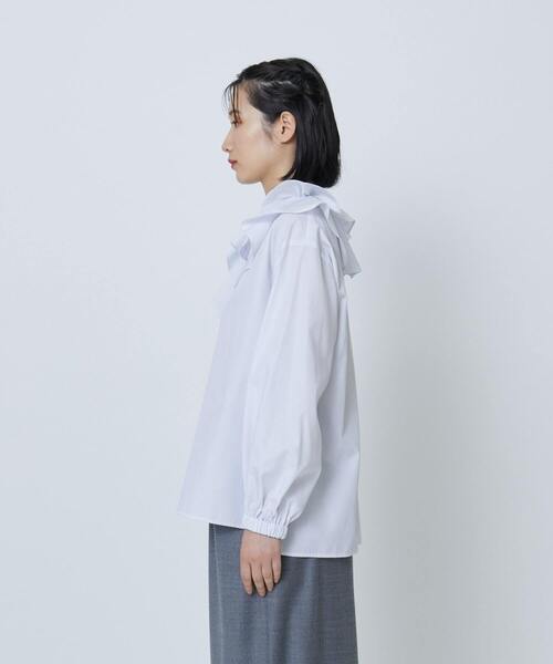 LOISIR ブラウス シャツ コットンピンストライプフリルカラーブラウス  