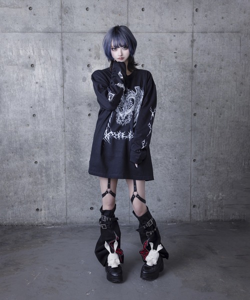 Amilige tシャツ ハートクロス羽プリントロングTシャツ