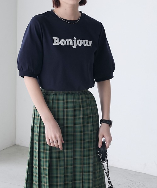 BONLECILL（ボンルシール） tシャツ 半袖 Bonjourレース刺繍パフ袖 