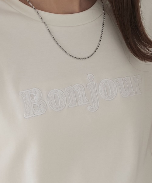 BONLECILL tシャツ Bonjourレース刺繍パフ袖シルケットT