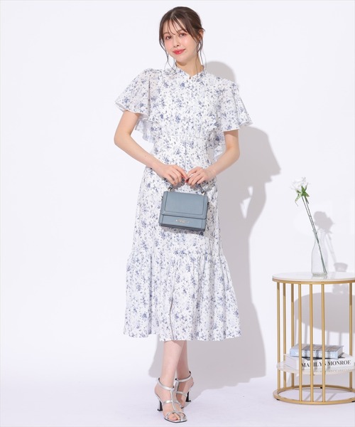 Swingle フラワーワンピース SWINGLE ワンピース スモールフラワーラッフルフリルスリーブ