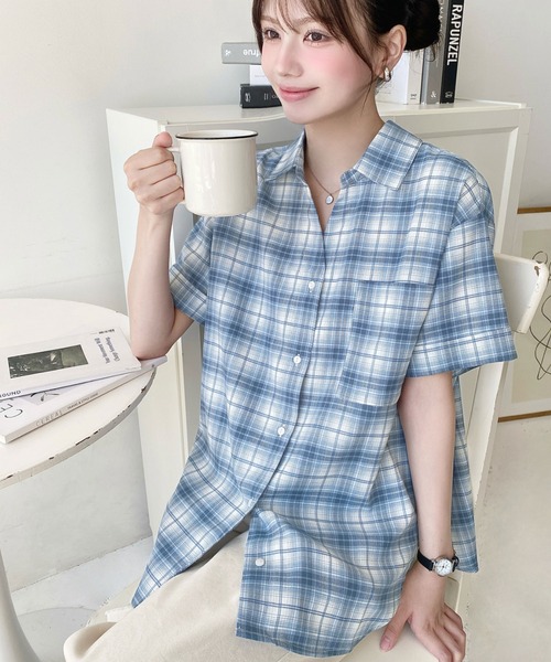 moment+ ブラウス シャツ 夏 半袖 後ろ編み上げ半袖チェックシャツ