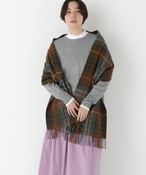 Glen Prince グレンプリンス グレンチェック カシミヤフリンジマフラー  グレー Glen Prince（グレンプリンス） スコットランド製ウールマフラー