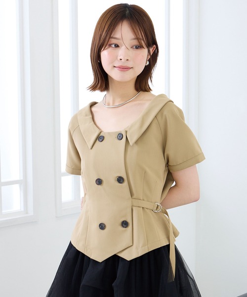 Elishe ブラウス シャツ 夏 半袖 ダブルボタントレンチトップス 