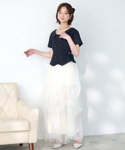 Elishe ブラウス シャツ 夏 半袖 ダブルボタントレンチトップス 