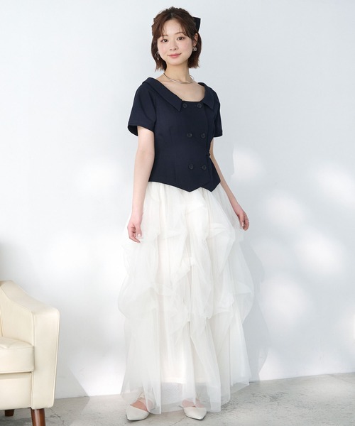 Elishe ブラウス シャツ 夏 半袖 ダブルボタントレンチトップス 