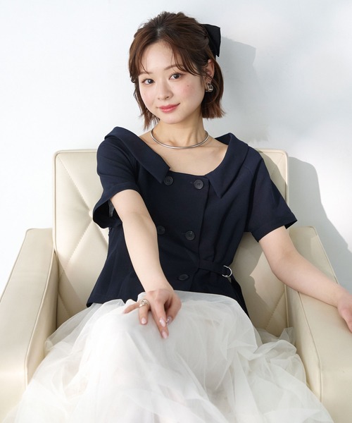 Elishe ブラウス シャツ 夏 半袖 ダブルボタントレンチトップス 