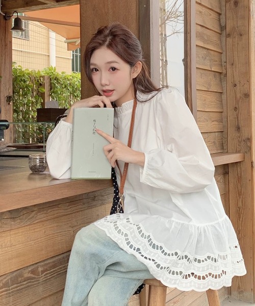 UNMINOU フリル付き長袖チュニック shopnikoniko（ショップにこにこ） チュニック パンチングレース