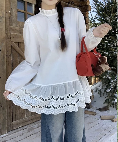 UNMINOU フリル付き長袖チュニック shopnikoniko（ショップにこにこ） チュニック パンチングレース