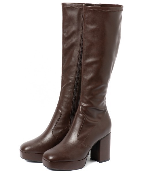 ブーツ 「R＆E」スクエアトゥ太ヒールロングブーツ レディース  