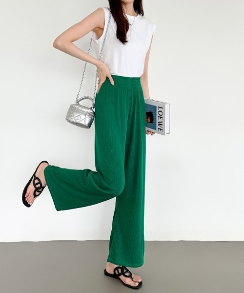 COCOMOMO パンツ さらさらイージーワイドリブパンツ レディース