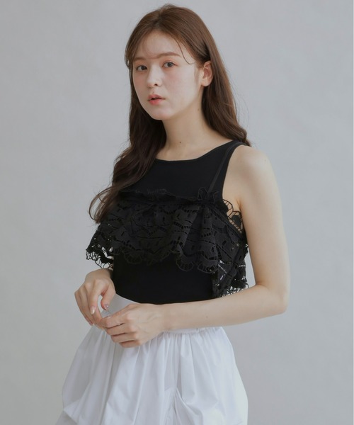 ベスト ジレ tiered lace ビスチェ レディース She's Closet ベスト ジレ 2WAYショート丈深Vネック花柄刺繍