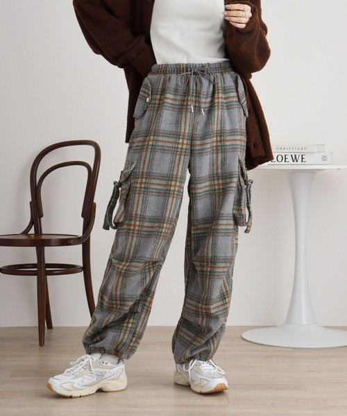 FUNALIVE カーゴパンツ .works起毛チェックパラシュートパンツ