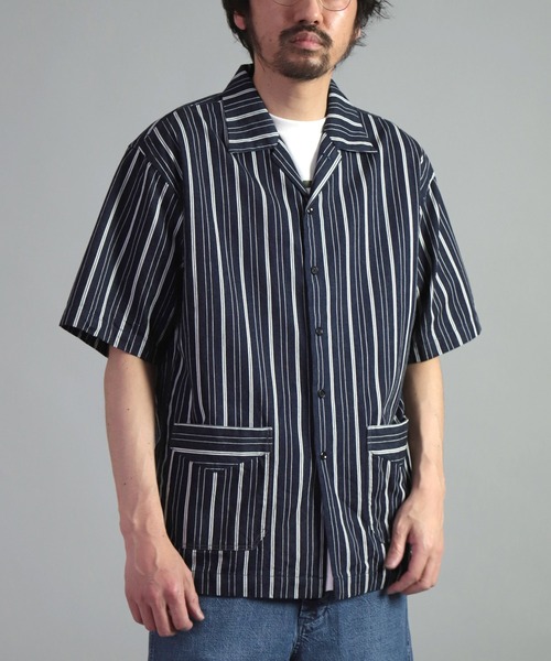 シャツ 「OMNIGOD mens / オムニゴッド」 6.8ozストライプデニム ショートスリーブボックスシャツ メンズ