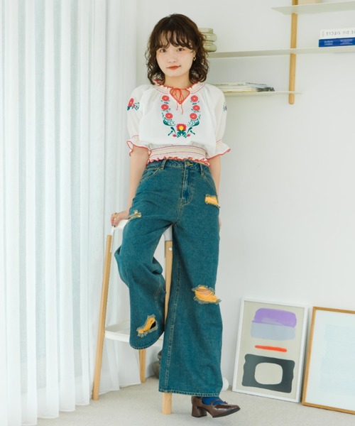 ブラウス シャツ 「eLur」フラワー刺繍ブラウス レディース eLur ブラウス シャツ 「eLur」フラワー刺繍ブラウス レディース