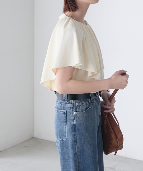 BONLECILL tシャツ ギャザーフレアスリーブシルケットTブラウス