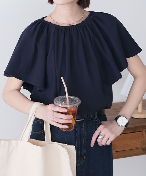 BONLECILL tシャツ ギャザーフレアスリーブシルケットTブラウス