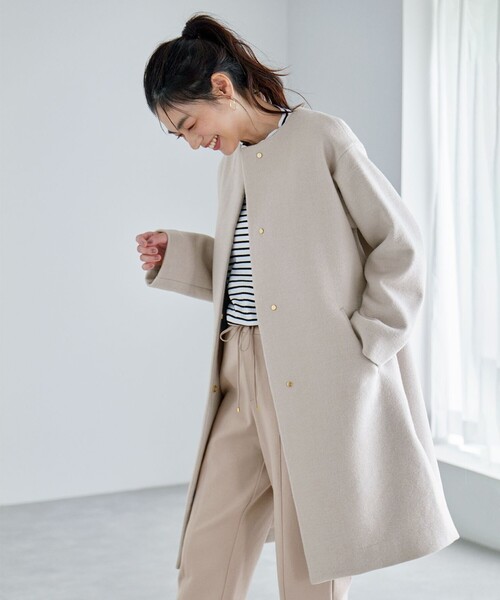 「ANY」 ノーカラーコート 3 ベージュ レディース_画像9