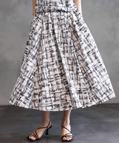 ミッシェルクラン（MICHEL ）/[セットアップ対応]かすれチェック柄ギャザースカート MICHEL KLEIN（ミッシェルクラン） スカート 「セットアップ対応