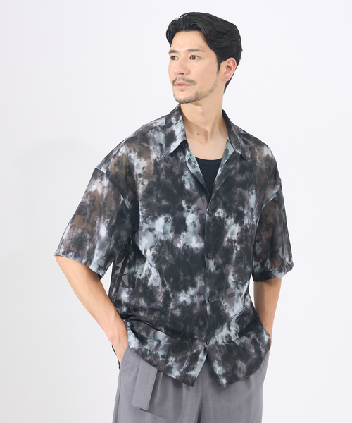 AH ABAHOUSE シャツ 「AH ABAHOUSE」アブストラクト柄 シアーシャツ 