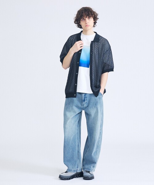 ABAHOUSE（アバハウス） シャツ 半袖 「透かし編み」バイアス メッシュ