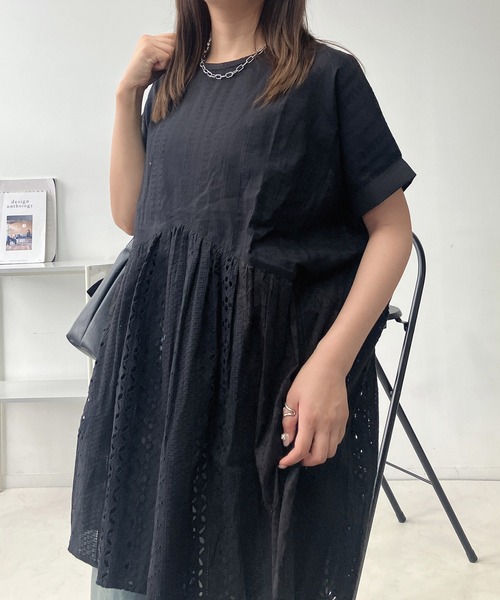 【新品】定価28,600円　ロゴ刺繍切り替え半袖チュニック　グレー　11号 AS KNOW チュニック ○シフリー刺繍まぜまぜV字切り替え